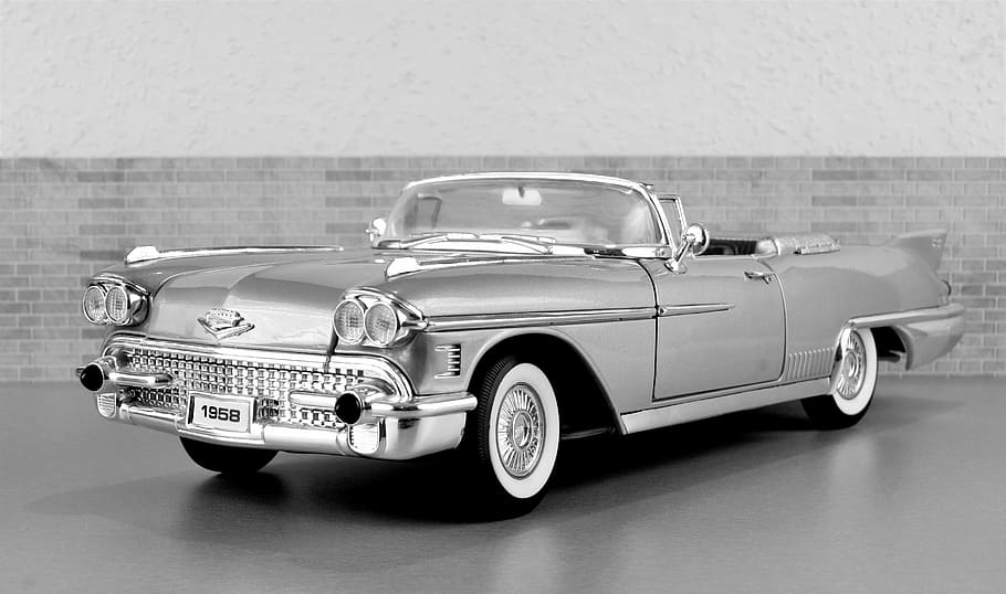 grayscale photo, chevrolet, convertible, Model Car, Cadillac, Cadillac, Cadillac Eldorado, cadillac, auto, old, toy car