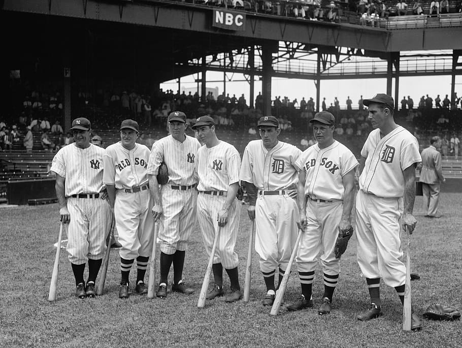 greyscale photo, baseball players, baseball, team, sport, all stars, 1937, group, black and white, people