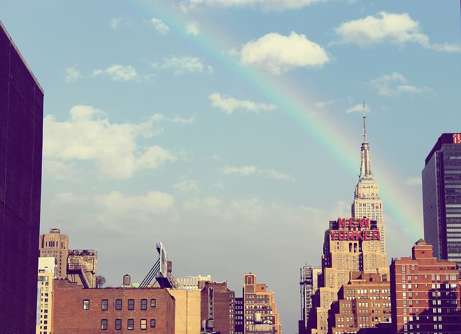 arco iris, detrás, torre chrysler, nuevo, york, edificios, ciudad, urbano, nueva york, cielo