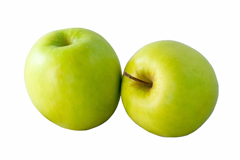 2つの緑のリンゴ, リンゴ, 果物, 緑, 新鮮な甘い, 黄金のおいしい, 白い背景の上の果物, カットアウト, 食べ物や飲み物, 食べ物