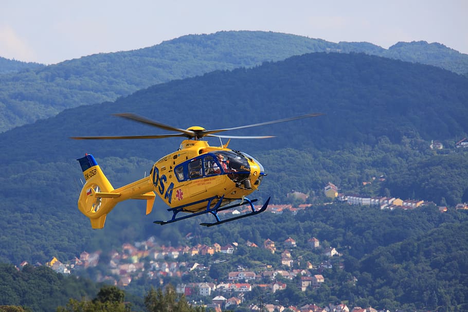 selective, focus photography, flying, yellow, helicopter, Aid, Air, Aircraft, Assistance, Blade