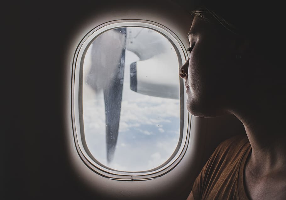 woman, sitting, aircraft window, people, airplane, travel, adventure, vacation, trip, aerial