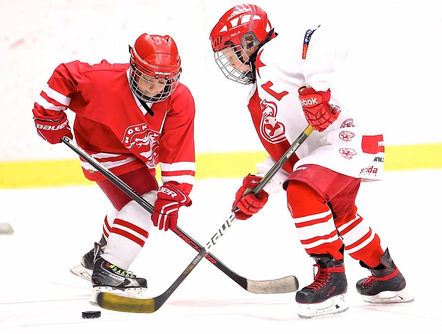 two, person, playing, ice hockey, hockey, captain, puck, hockey stick, sport, winter sport