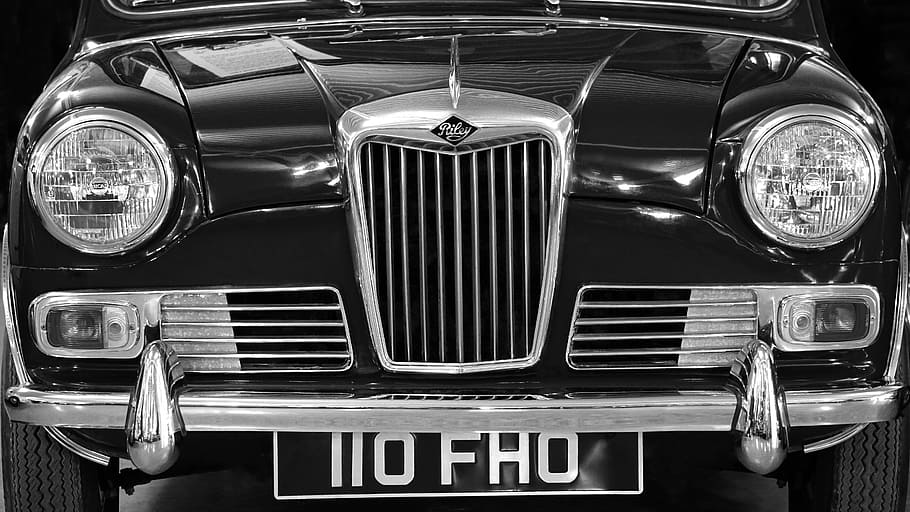 grayscale photography, classic, vehicle, fho license plate, british car, british, car, vintage, retro, old
