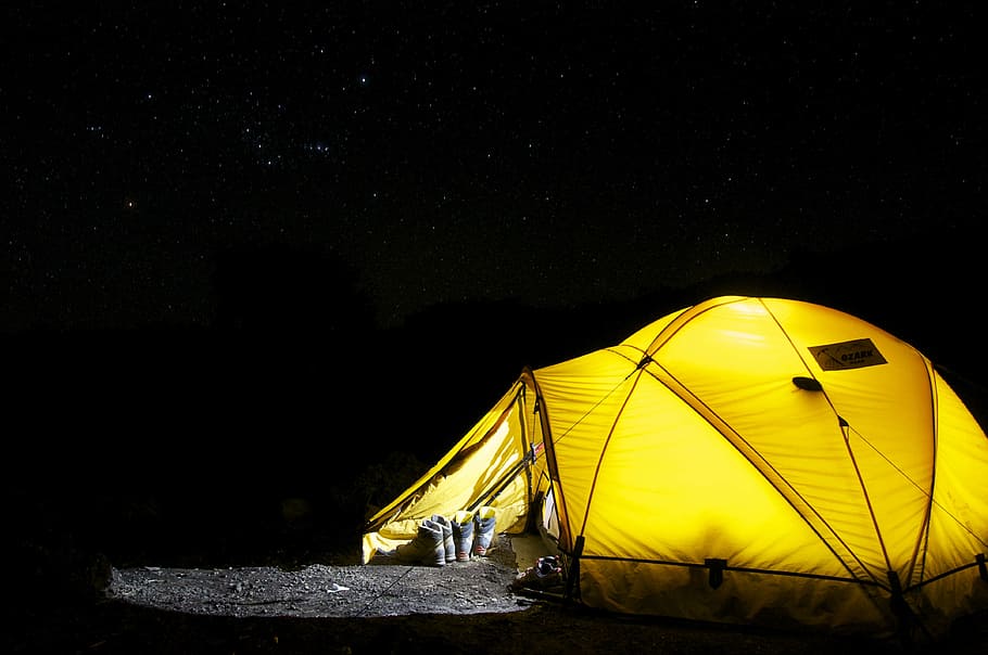 amarillo, carpa domo, noche, carpa, campamento, estrella, camping, expedición, estancia, naturaleza