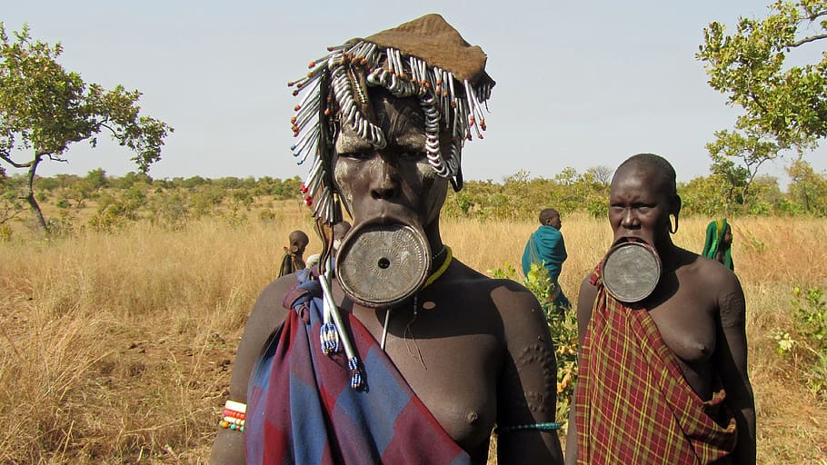 tribe people, grass, mursi, people, lip plate, indigenous culture, women, tribe, indigenous, plate