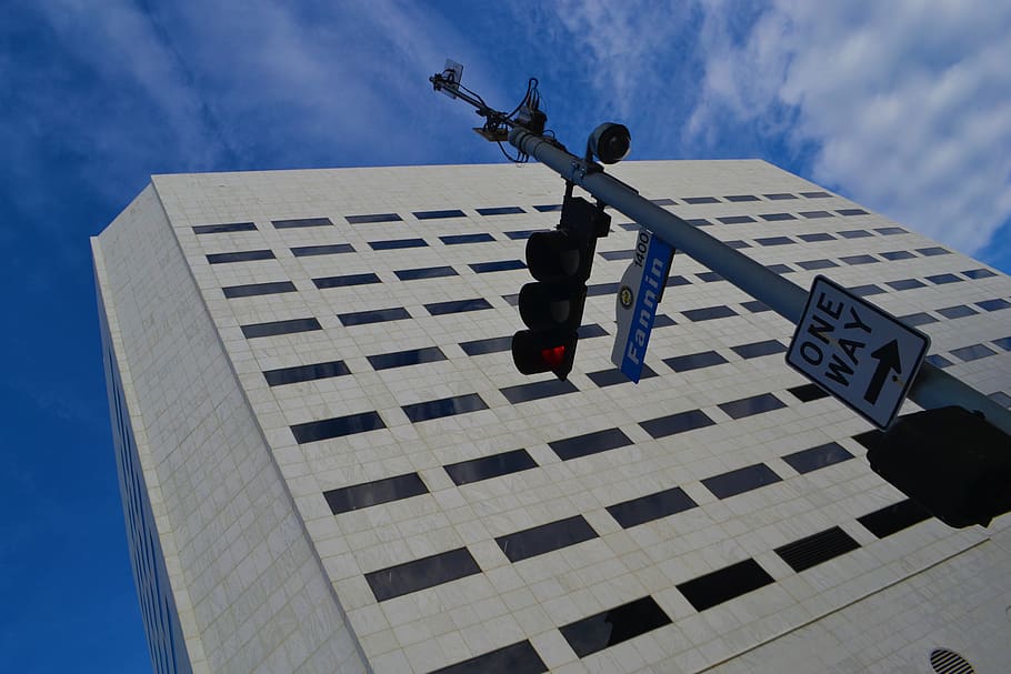 edificio de oficinas, Houston, Texas, letrero de la calle, señal de tráfico, comercial, moderno, rascacielos, contemporáneo, ciudad