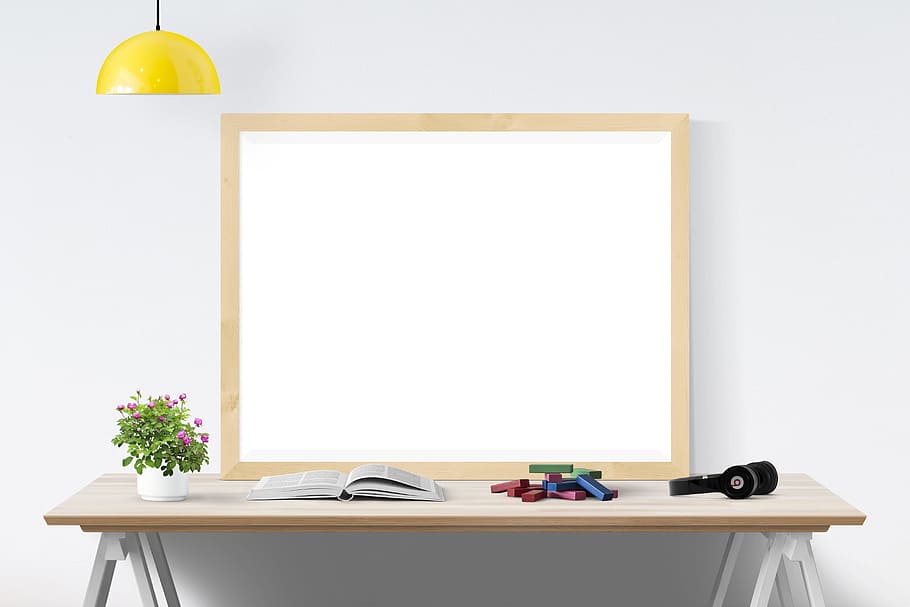 dry, erase, board, brown, wooden, frame, table, poster, mockup, template
