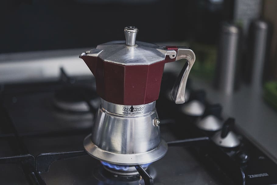 silver moka pot, gas stove, pot, heat, fire, stove, steel, espresso, heat - Temperature, coffee - Drink