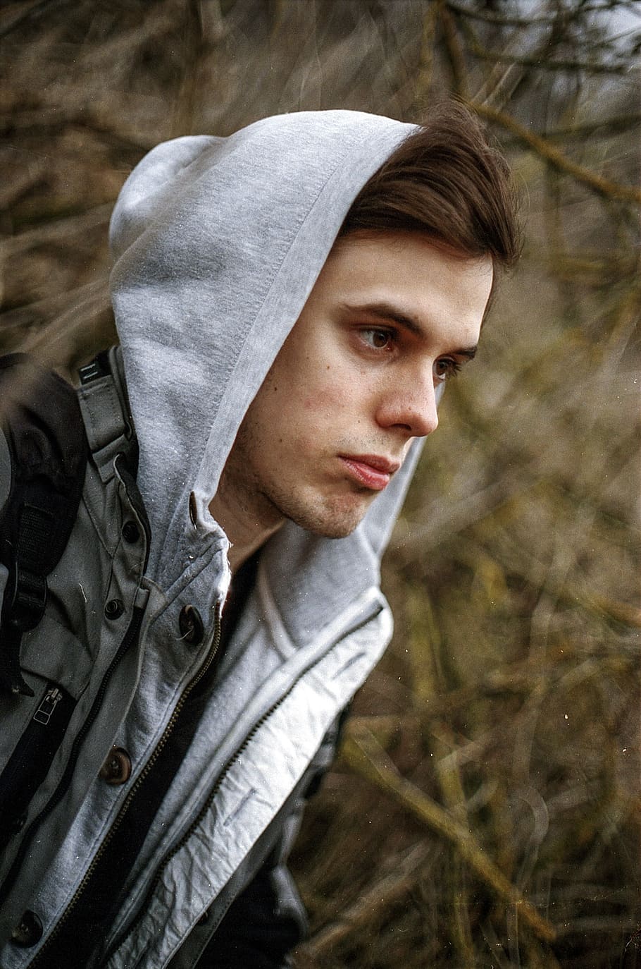 man, wearing, gray, hooded jacket, young man, portrait, handsome young man, handsome, caucasian, model