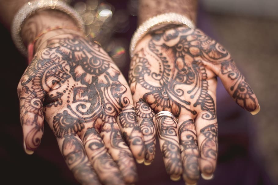 negro, mendhi, novia, tatuaje, henna, manos, mehendi, patrón, hembra, palmas