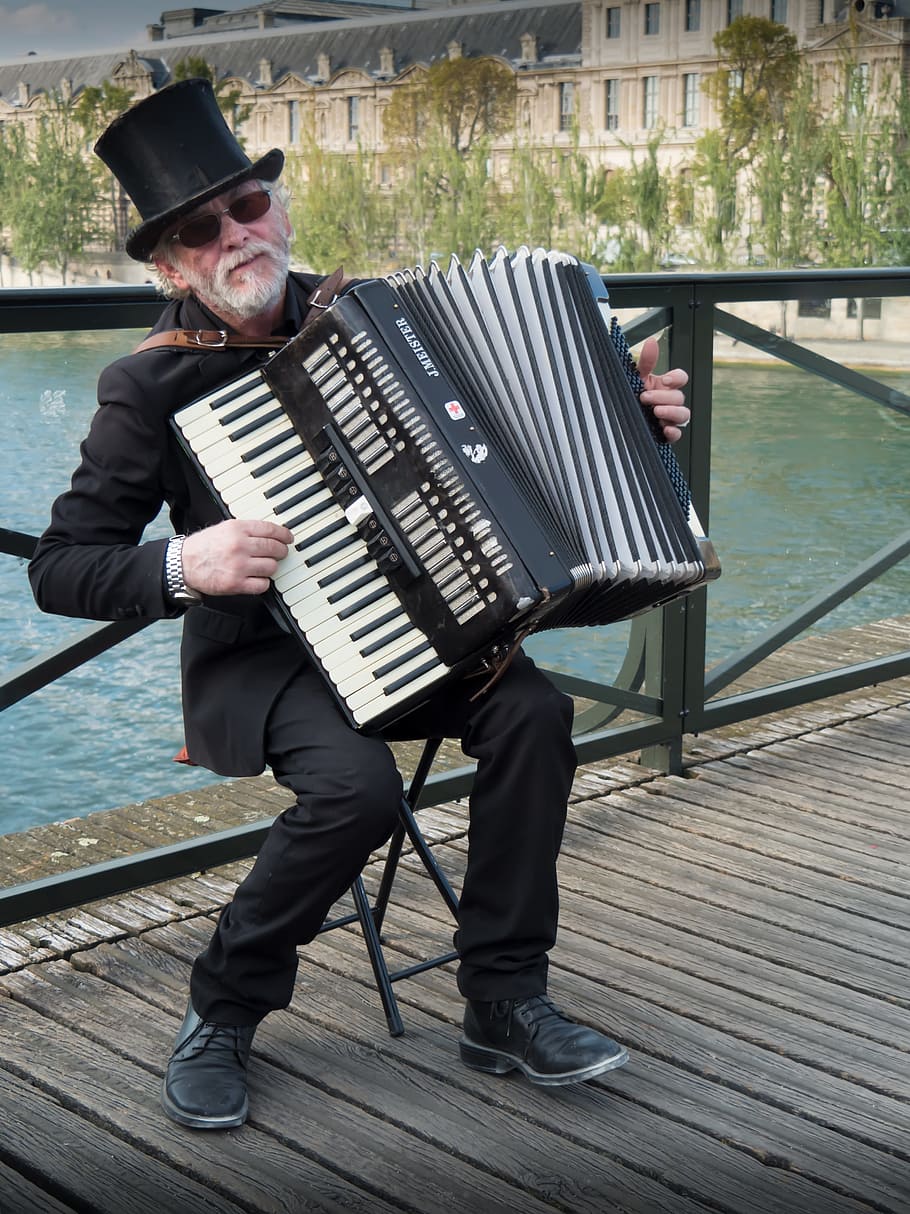 hombre, jugando, acordeón, cuerpo, agua, durante el día, músico, calle, París, música