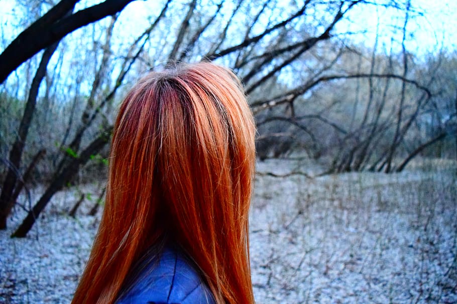red hair, woman, park, nature, winter, hair, back view, russia, hairstyle, long hair