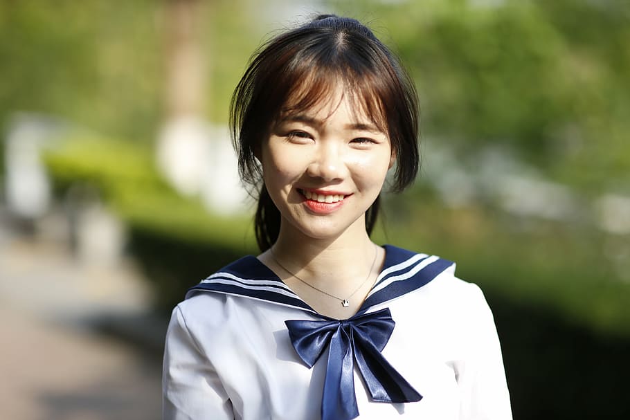 mujer, vistiendo, azul, blanco, vestido de uniforme, modelo, politécnico de shenzhen, buena foto, estudiante, joven