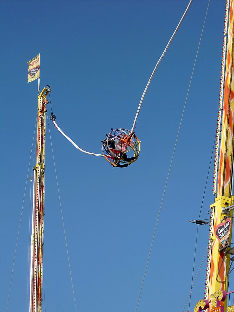 bungee system, spin, bungee, fairground, oktoberfest, folk festival, ride, carnies, blue, sky