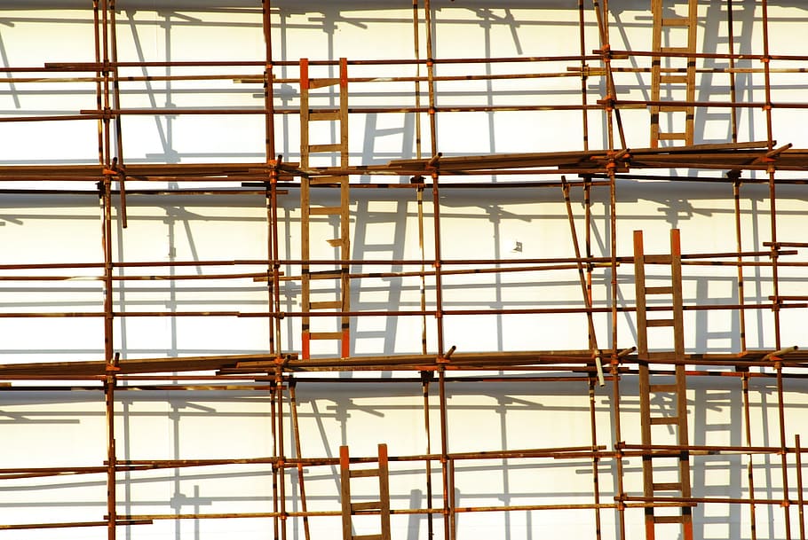 brown wooden ladders, scaffolding, ladder, shading, metal, full frame, architecture, pattern, backgrounds, indoors