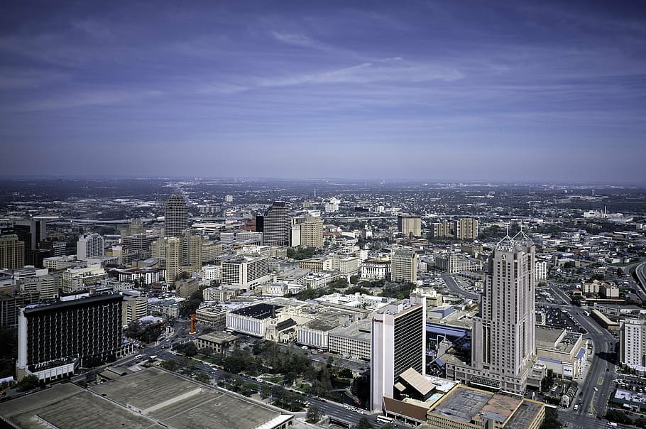 bird, eye view photography, high-rise, buildings, san antonio, texas, skyline, downtown, city, building