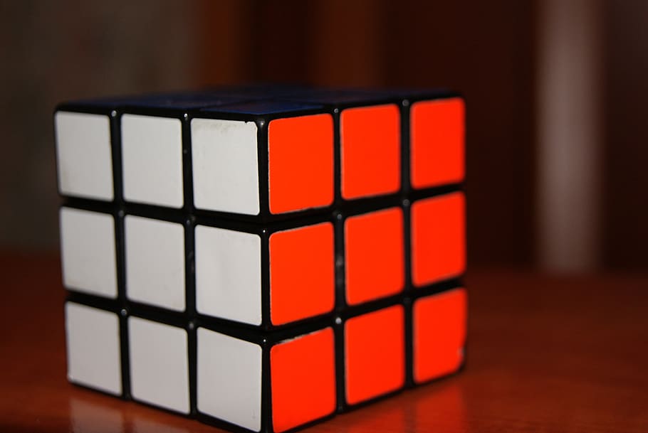 rubik, cube, puzzle, strategy, 3d, red, white, solved, indoors, focus on foreground