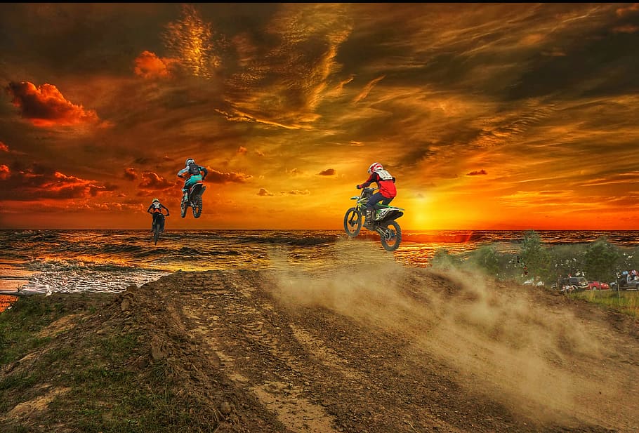 three, person, riding, dirt bikes, mountain, motocross, sunset, dusk, sport, ocean
