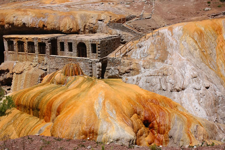 sulphur, puente del inca, mendoza, argentina, yellow, sulfur, architecture, antique, mountain, stone