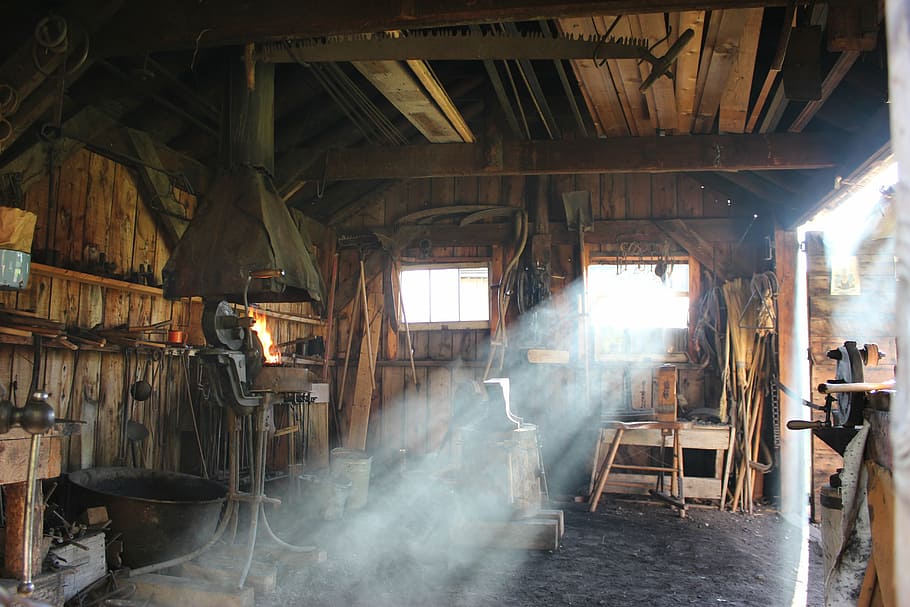 brown wooden shed, blacksmith, workshop, equipment, metalwork, traditional, barn, shak, shed, light
