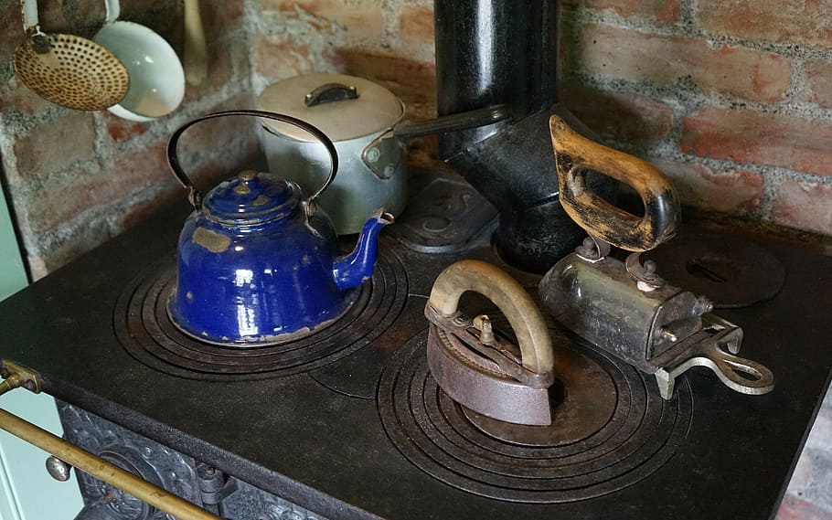 azul, chaleira, sadiron, vintage, cozinhar, conjunto, zona de cozinha, fogão, antiguidade, fogão de cozinha antigo