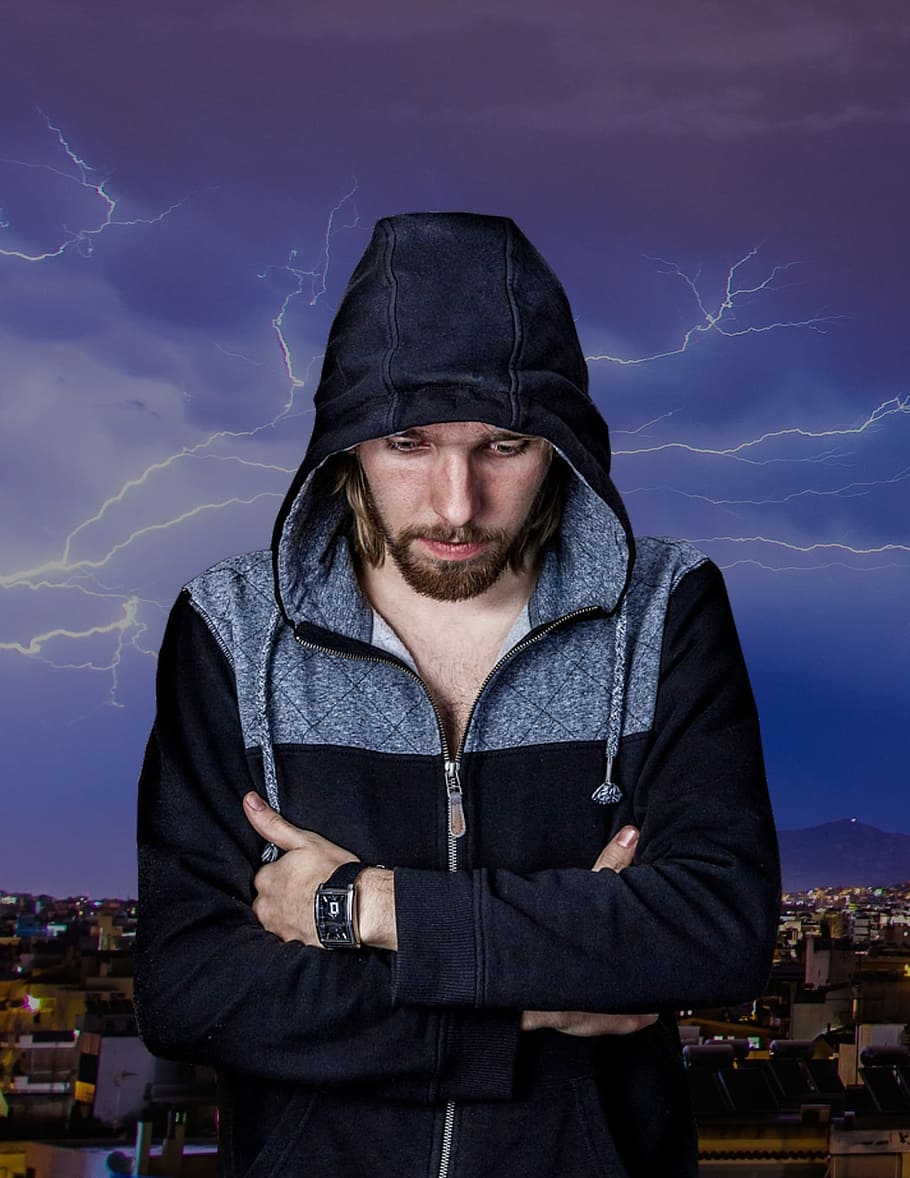 man, young, city, hoodie, arms crossed, thunderstorm, electric, dark, night, male