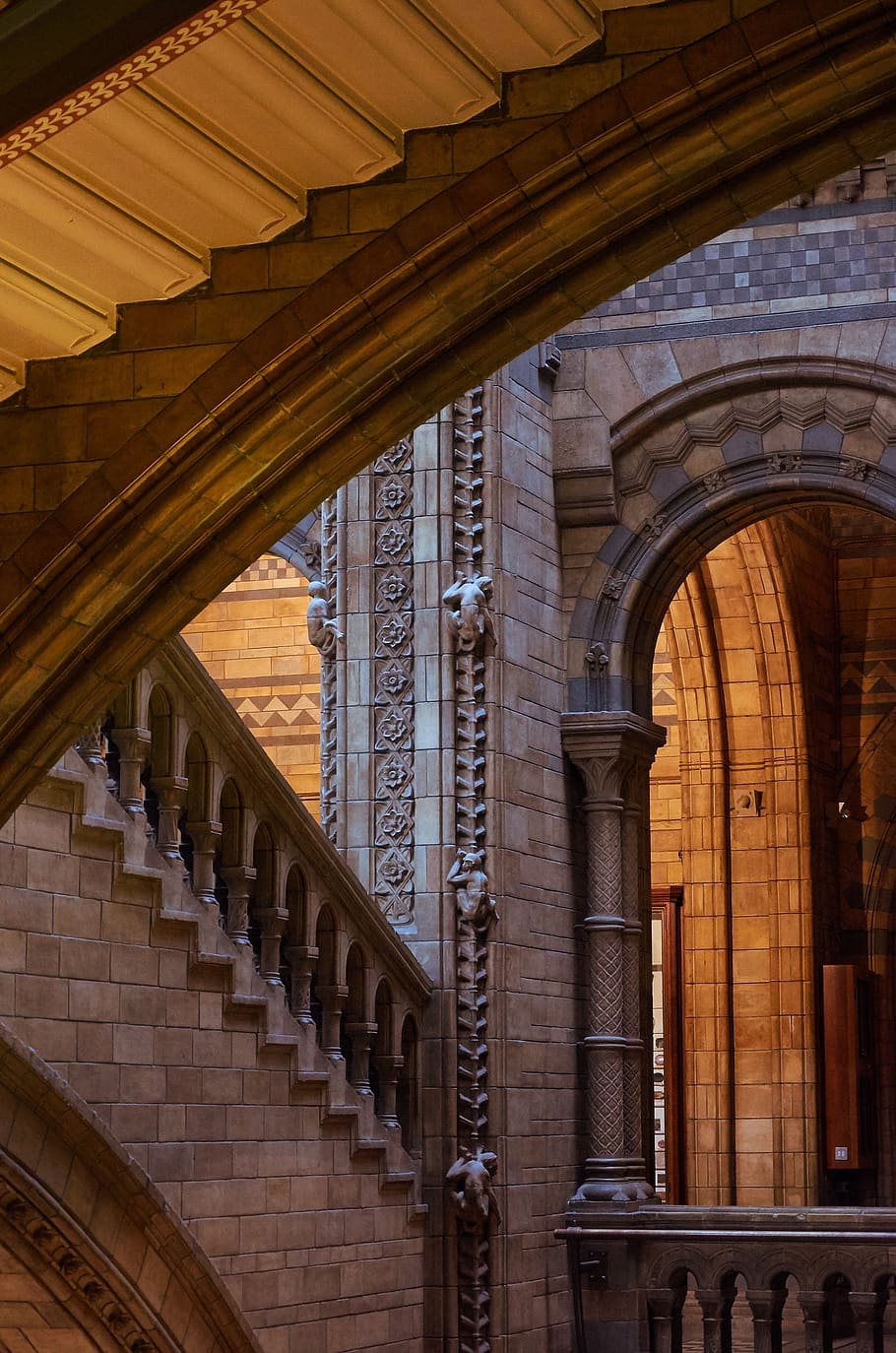 brown, gray, concrete, hall, natural history museum, london, staircase, interior view, architecture, building