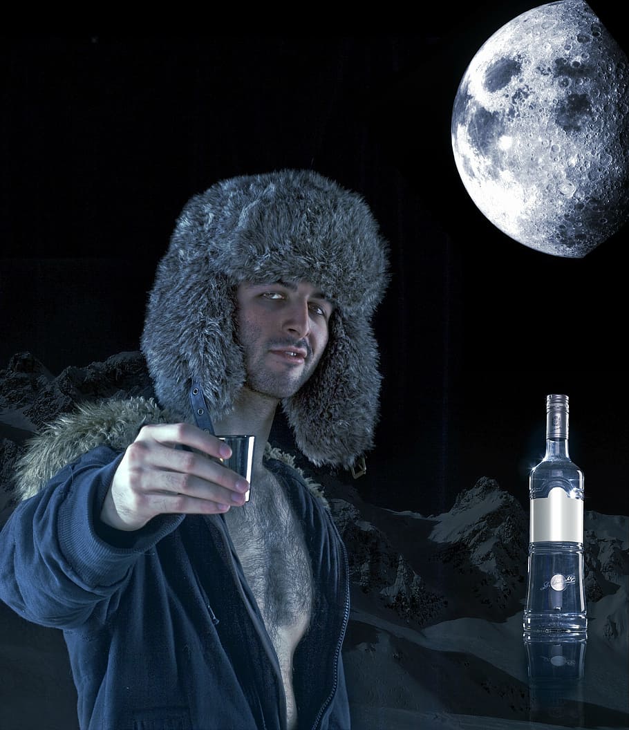 man, holding, gray, shot glass, full, moon, vodka, ad, alcohol, party