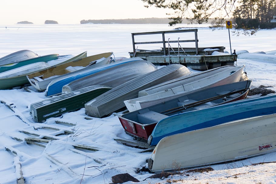 musim dingin, di luar rumah, laut, salju, embun beku, pantai, perahu, kapal, dermaga, Finlandia