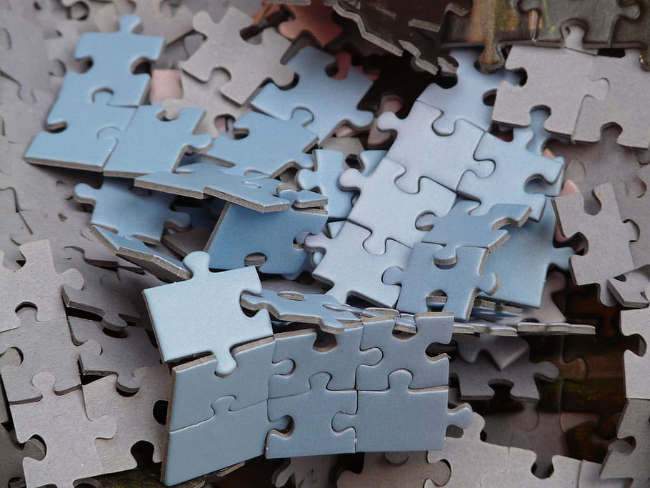 blue jigsaw puzzles, puzzle, unfinished, mess, unresolved, chaos, pieces of the puzzle, memory cards covered with, play, patience