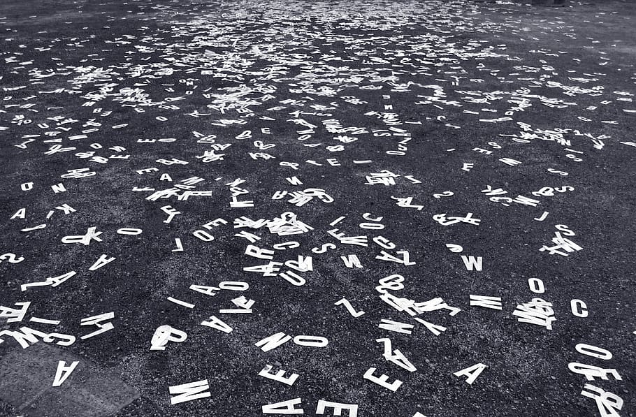 cut, letter, scattered, concrete, surface, cut out, letters, typography, design, art
