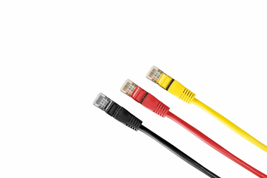 three, red, yellow, black, utp, coated, cables, network connector, cable, patch