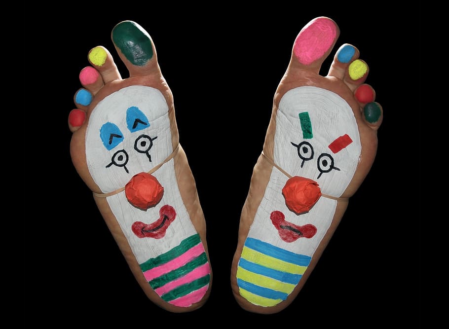 clown foot art, clown, feet, foot, fun, funny, sole, painted, ten, black background