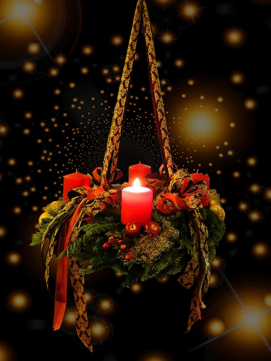 encendido, rojo, vela, colgante, decoración, adviento, tiempo de navidad, corona de adviento, 1aviento, saludo de adviento