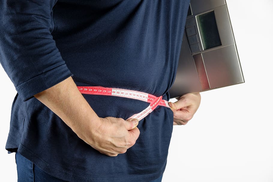 cinta métrica, medida, gruesa, gorda, tocino, sobrepeso, horizontal, barriga, mujer, sección media