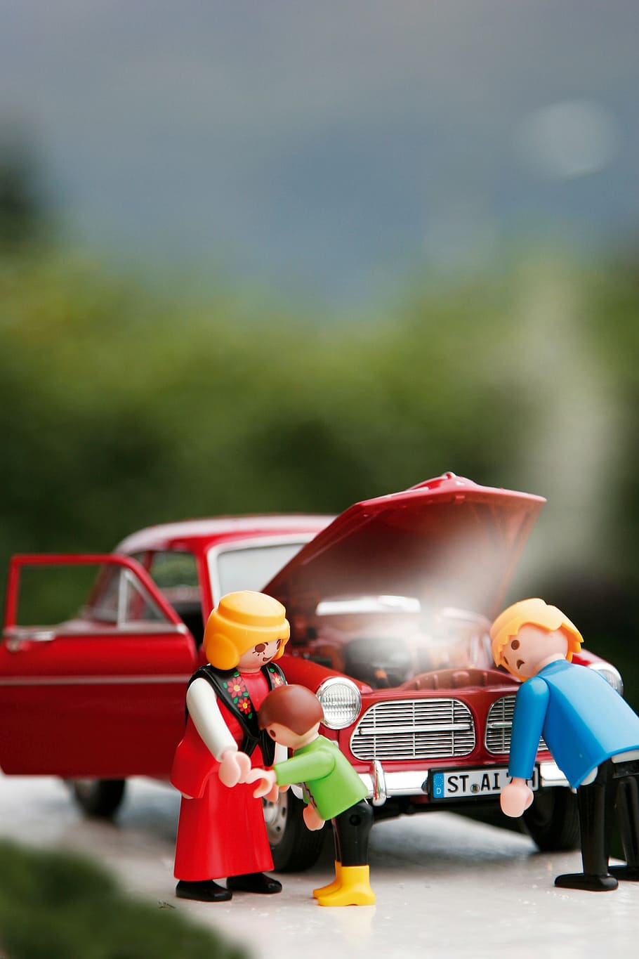 selective, focus photography, three, minifigs, red, vehicle, focus, photography, lego, family