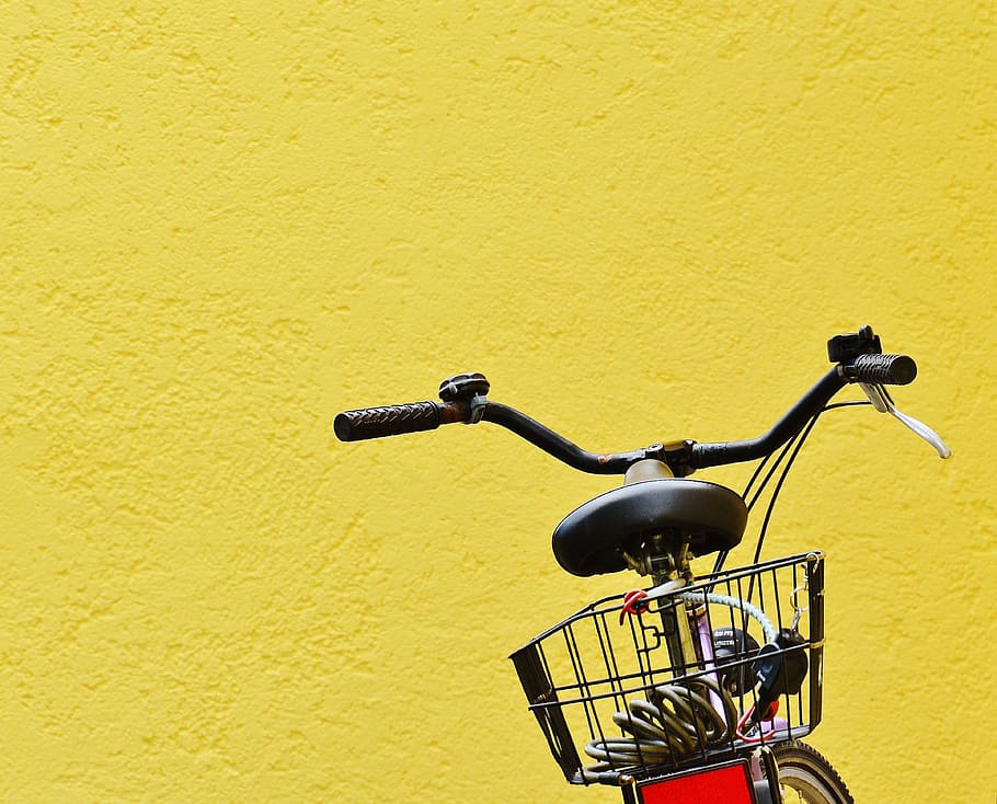black, red, bicycle, parked, yellow, concrete, wall, cycling, drive, bike