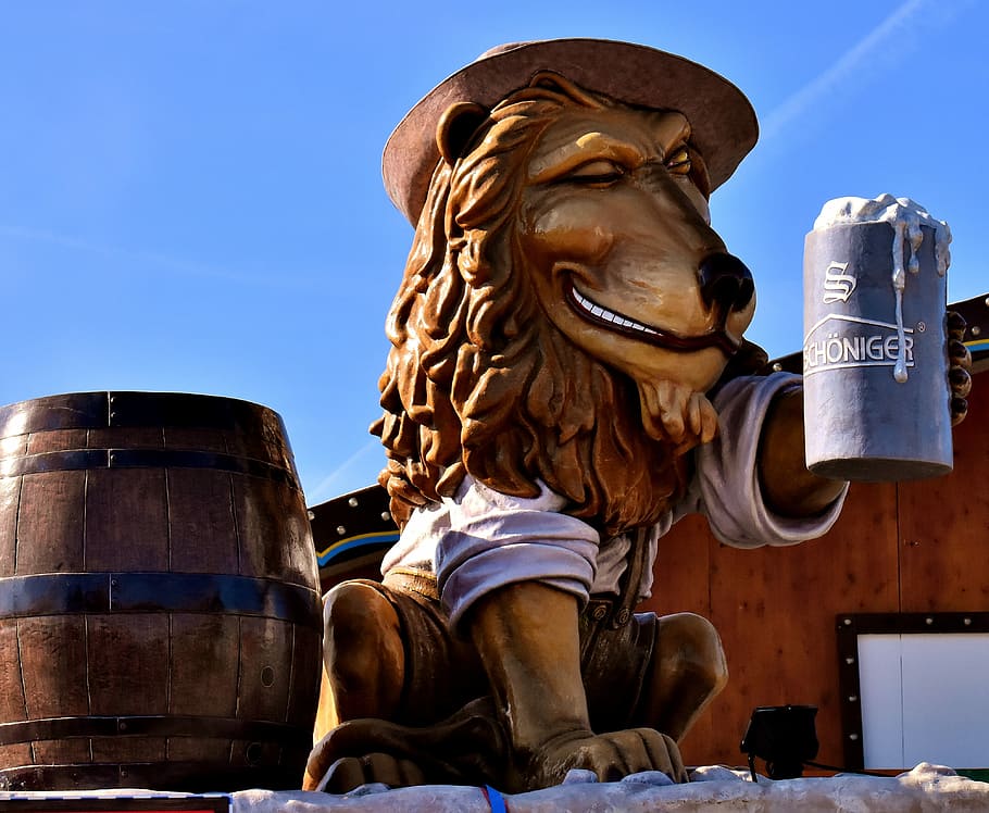brown wooden barrel, lion, figure, drinking beer, sculpture, statue, representation, art and craft, creativity, human representation
