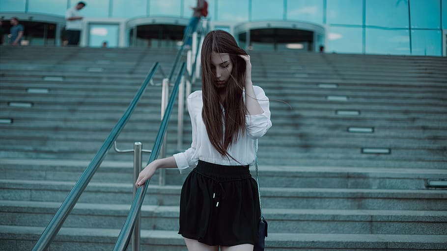 woman, wearing, black, white, long-sleeved, dress, photoshoot, under the moscow city, black skirt, blouse