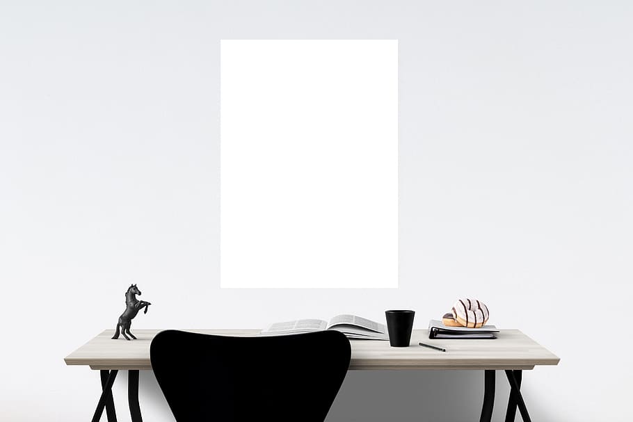 canvas, wall, front, desk, cup, horse figurine, open, book, poster mockup, mockup