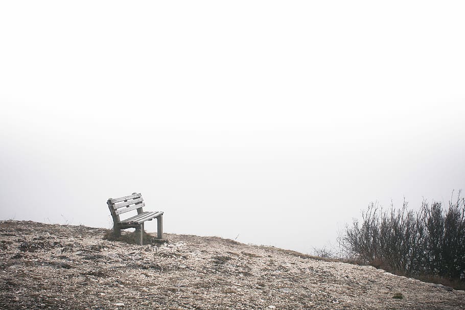 end, world, Lonely, Bench, End of The World, fog, foggy, hills, room for text, nature