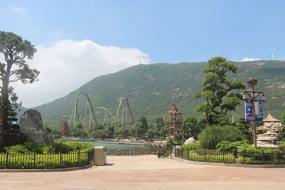 ocean kingdom, chime-long, zhuhai, the roller coaster, architecture, famous Place, mountain, plant, tree, sky