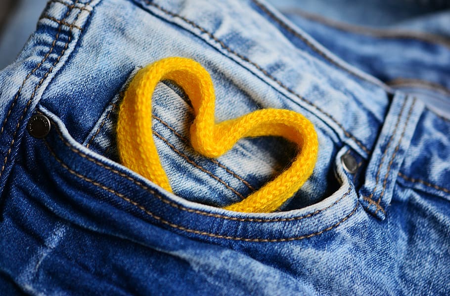 heart shape, yellow, strap, ornament, jeans, pocket, heart, cord, blue, seam