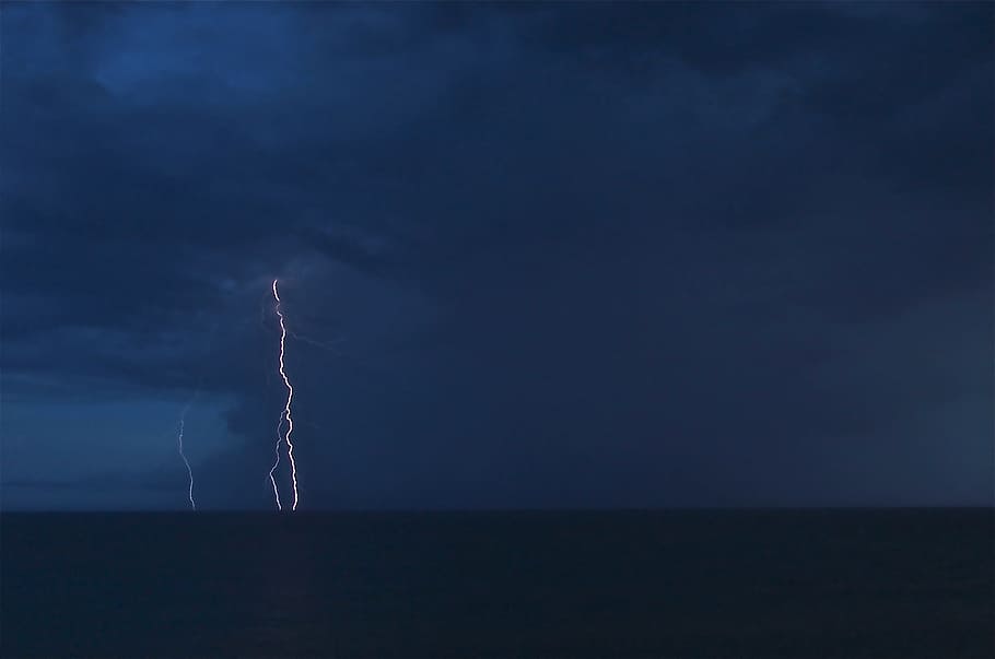 landscape photography, thunder, horizon, Lightning, Ocean, Night, Water, Sea, lightning storm, weather