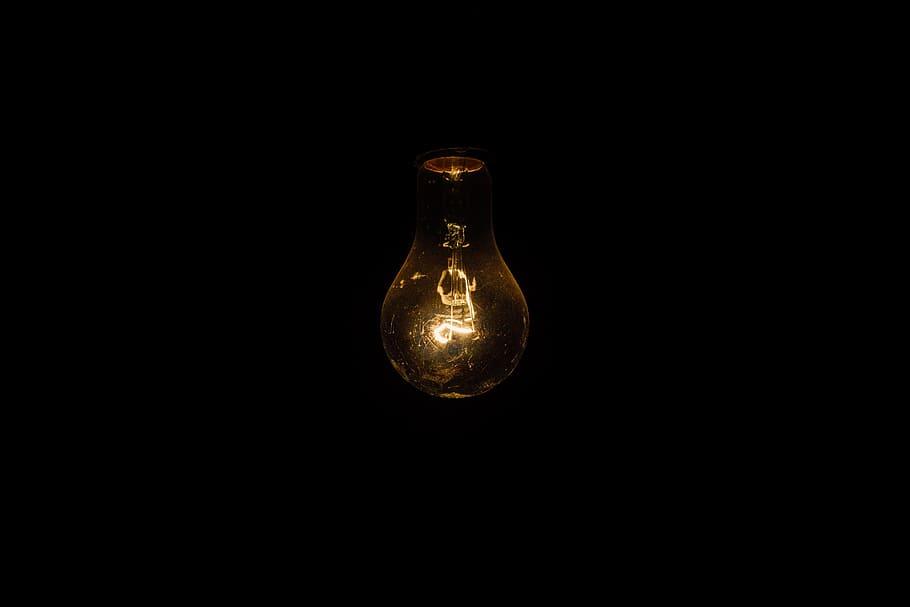 照明付きランプ, 電球, ライト, 暗い, 夜, 黒の背景, ガラス-素材, スタジオ撮影, 屋内, 電気