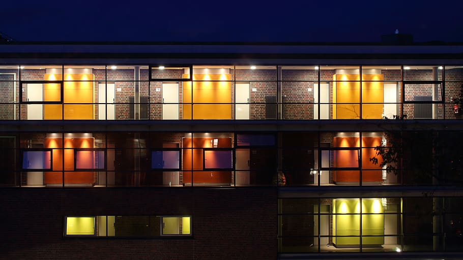 flats, living, youth hostel, architecture, modern, apartment, design, room, window, night