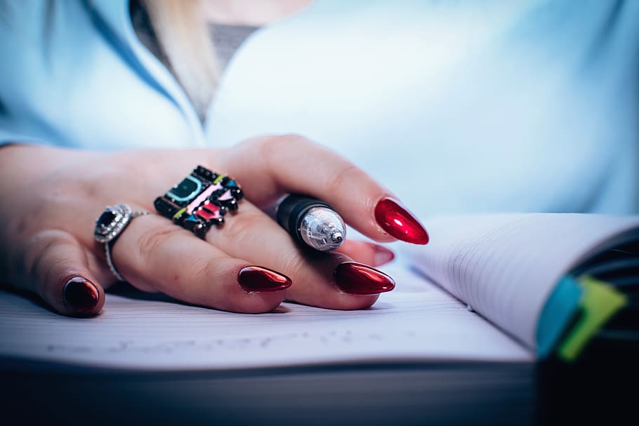 notebook, pen, people, girl, hand, ring, nail, art, polish, red