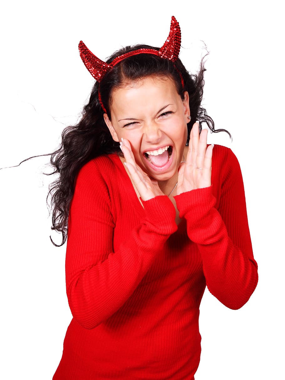 woman, red, sweater, headband, costume, screaming, demon, devil, evil, female