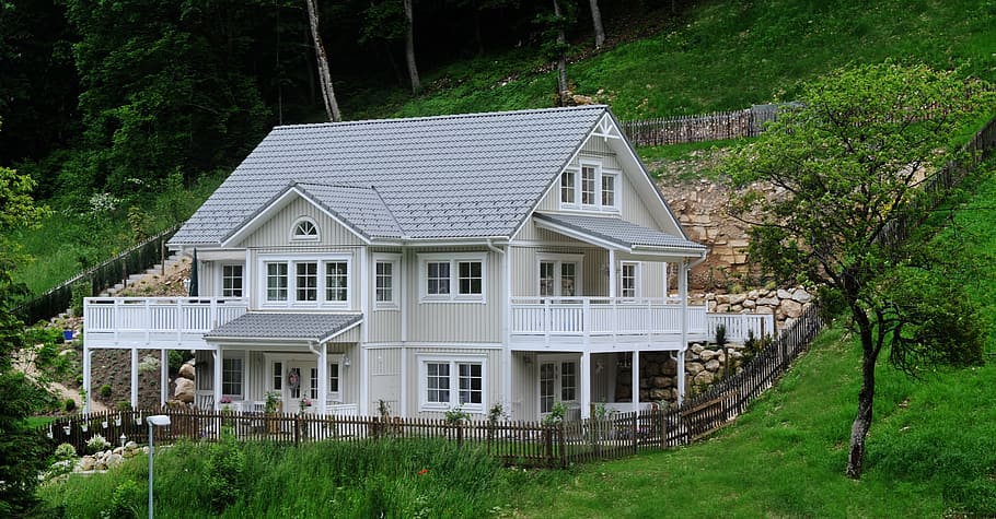 white, gray, 3-storey, 3- storey house, surrounded, grass, home, wood, rush, family
